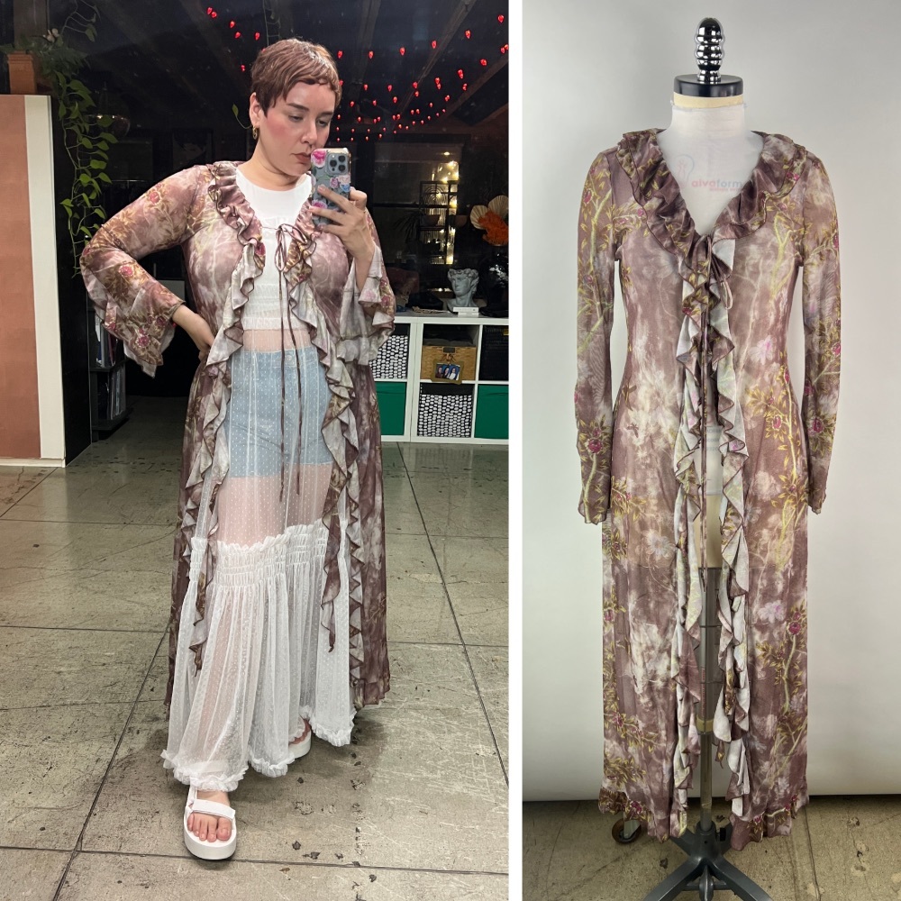 451B-BROWN. Floral Long Mesh Ruffled Cardigan